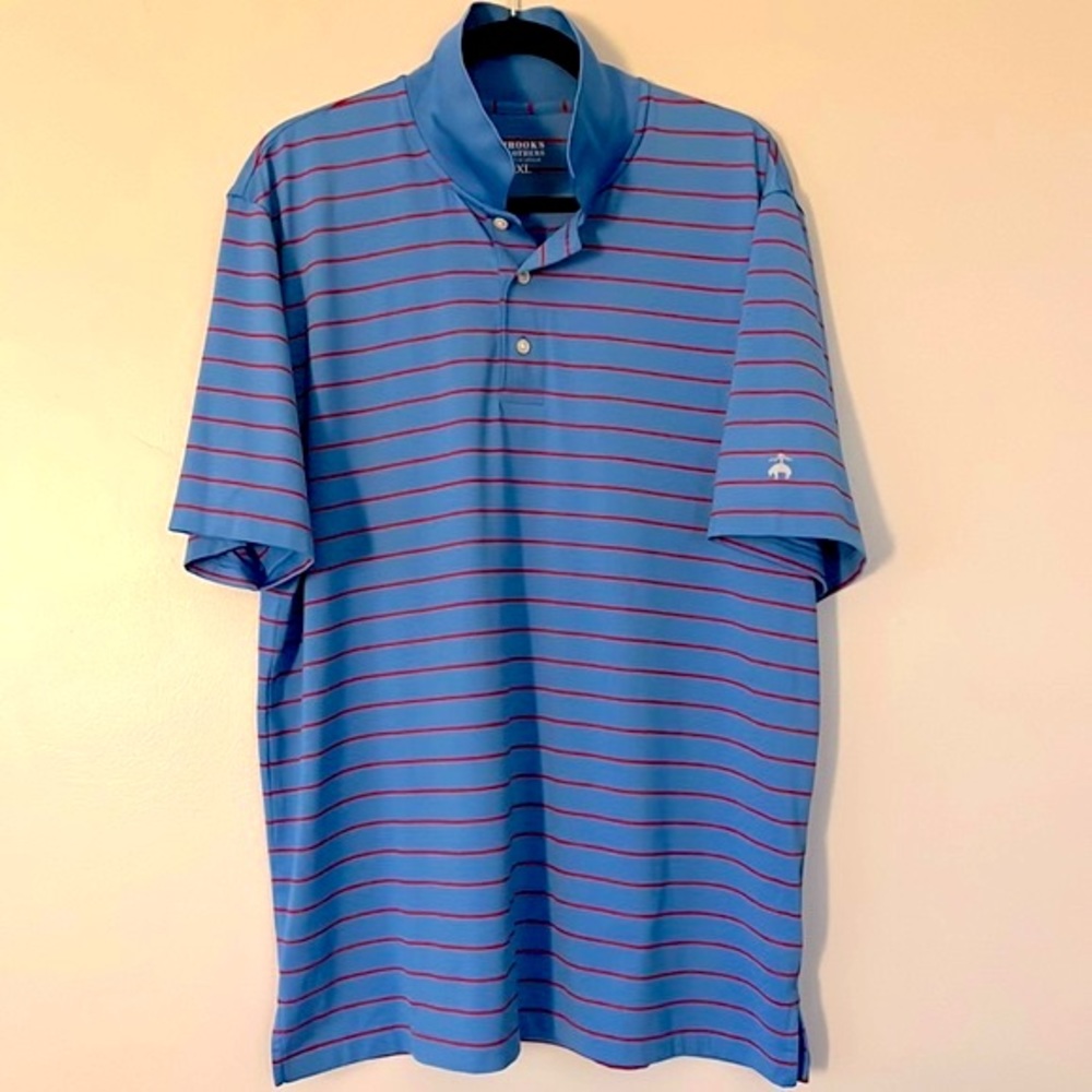 Brooks Brothers performance fabric golf polo, blue w/ red stripes